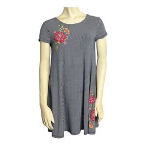 Derek Heart Women's Dress Small Blue White Stripe Floral Stretch Casual Keyhole